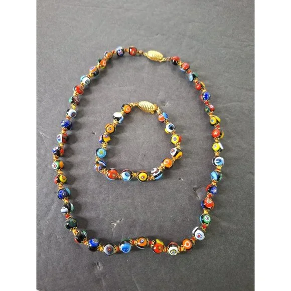 Vintage Original Murano Millefiori Art Glass Bead Necklace & Bracelet - Picture 1 of 16